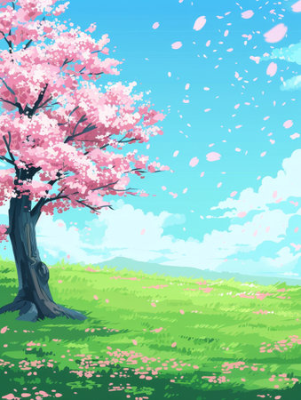 Cherry blossoms gently drift from a vibrant tree against a clear sky, symbolizing the fleeting beauty of spring.の素材