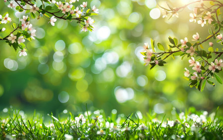 Delicate white blossoms bask in the soft sunlight, nestled against a backdrop of vivid greenery and a dew-kissed lawn.の素材