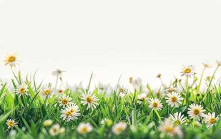 Morning daisies open up to the first light of dawn, their pure white petals reflecting the soft green glow of a new day.の素材