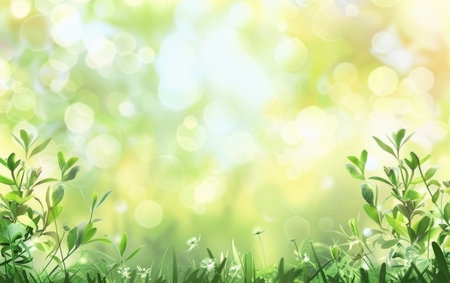 A lush carpet of greenery punctuated with delicate white flowers ushers in the verdant splendor of spring under a bokeh sunlight.の素材