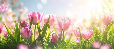 A vibrant bed of pink tulips under a sunny sky heralds the arrival of spring. The panoramic image captures the blossoms' beauty in an expansive, dreamlike setting.の素材