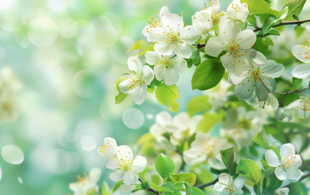Delicate white blossoms on spring branches shine against a canvas of soft green bokeh, symbolizing rebirth and purity.の素材