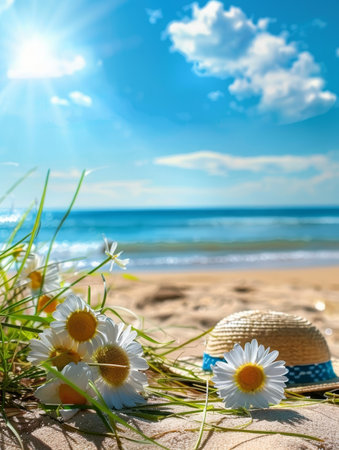 A straw hat rests among daisies on a sun-kissed beach, symbolizing leisure and the simple joys of summer. The scene is a serene mix of natural elements and holiday relaxation.の素材