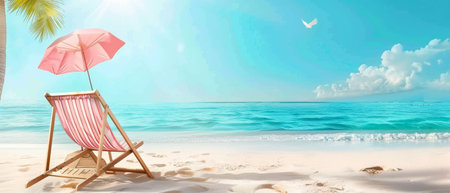 A pink deck chair and umbrella beckon a day of relaxation on a sandy beach, with the calm sea stretching to the horizon under a sunny sky.の素材