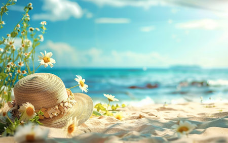 A woven sunhat adorned with daisies lies on a sandy beach, offering a serene ocean view under a clear blue sky. The scene captures the carefree essence of summer.の素材