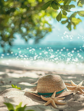 A straw hat rests on a sandy beach, accompanied by starfish under the shade of tropical foliage. This inviting scene captures the leisurely pace of a perfect beach getaway.の素材