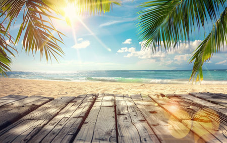 A wooden pathway leads to a sunlit beach where palm shadows play on the sand and the ocean waves gently lap the shore.の素材