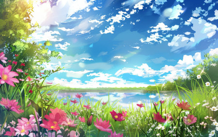 Vibrant pink flowers adorn the lakeside, with a beautiful reflection in the calm waters under a sky painted with soft clouds.の素材