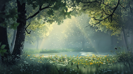 A sun-drenched glade is brought to life by fluttering insects, dancing amidst the vivid greenery and bright wildflowers. This serene haven exemplifies the vibrancy of a spring morning.の素材