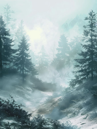 Ethereal fog weaves through a coniferous forest in the mountains, creating a mystical landscape that evokes silence and mystery. The monochromatic tones enhance the scene's dreamlike quality.の素材