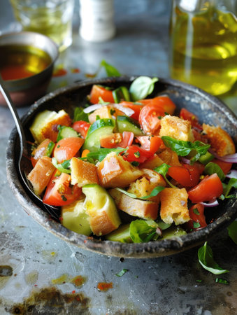 Fresh panzanella salad with crispy bread, juicy tomatoes, and basil in a rustic bowlの素材