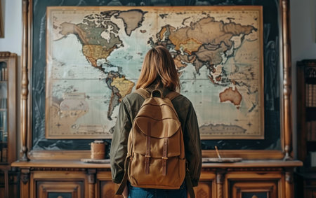 A young woman stands before a large world map, her back facing the camera. She appears absorbed in thought, possibly planning her next adventureの素材