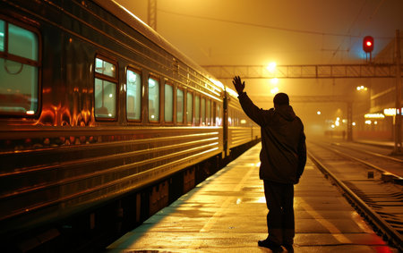 An individual bids farewell to a departing train on a foggy evening. The warm glow of the station lights creates a melancholic ambianceの素材