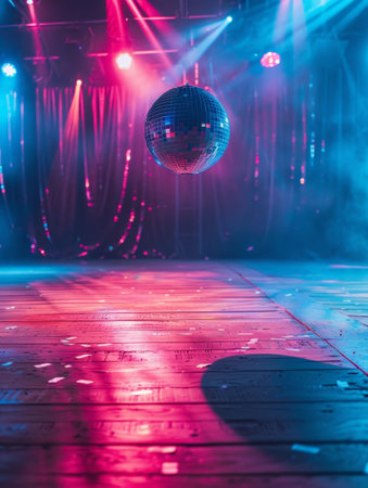 The heart of a dance floor comes alive with a shimmering disco ball under vibrant pink and blue lights. The reflective surface casts a myriad of dancing lights, evoking a lively party atmosphereの素材