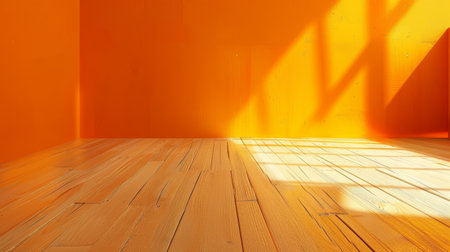 A corner of an orange room is illuminated by natural sunlight casting dynamic shadows on wooden floorboards. The image captures the warmth of the sun and the stark geometry of the architectureの素材