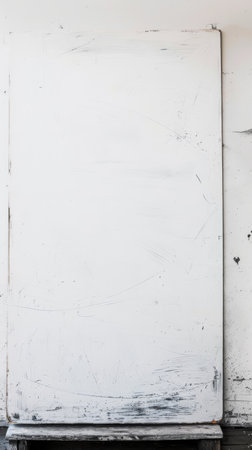 A large whiteboard with scratches is propped against a dirty wall. The board's surface shows signs of wear and use.の素材