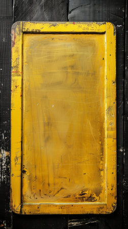 Thick, textured yellow paint stands out against a stark black backdrop, creating an impactful contrast that is both artistic and bold. The frame adds a sense of structure to the chaotic beautyの素材