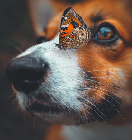 A butterfly with wings like stained glass feathers on a corgi dog's nose, a soft blur of fur and eyes in the background. This moment captures a poetic and delicate interaction.