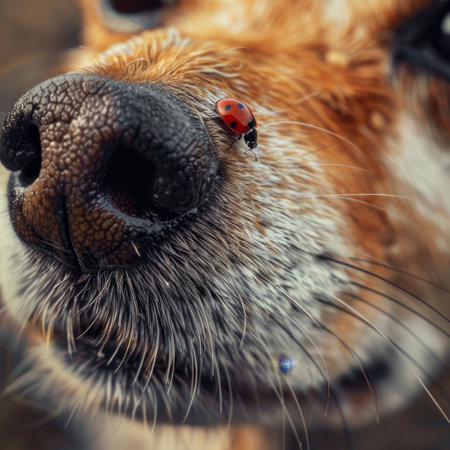 On the journey of its glossy back, a ladybug explores the vast landscape of a dog's snout, a world of textures and shades. The tiny traveler adds a pop of color to the canine's muted tones.の素材