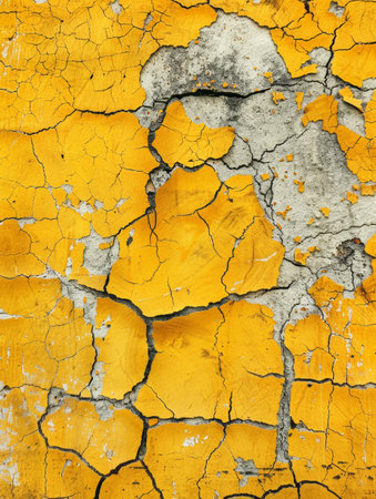 The warm yellow paint cracks under the weight of time, creating a captivating visual of deterioration. The image is a striking juxtaposition of color and decayの素材