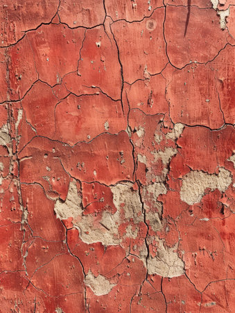 The vibrant red surface shows significant wear with extensive cracks and fading. It evokes a sense of the ephemeral nature of man-made materialsの素材