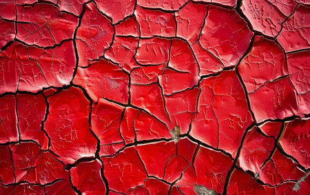 Layers of red paint crack and peel off a wall, illustrating the relentless wear of the elements. The facade's texture speaks to the beauty found in decayの素材