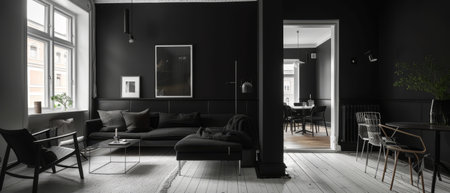 An elegant dark-themed interior features cozy furnishings and a striking black wall, with a view into a stylish dining area. The warm lighting and rich textures provide depth and comfort to the spaceの素材