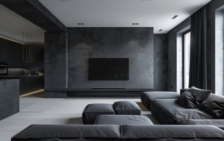 A contemporary living room boasts sleek dark tones and minimalist furniture, with natural light filtering through a large window. The room's industrial chic aesthetic is highlighted by concrete wallの素材