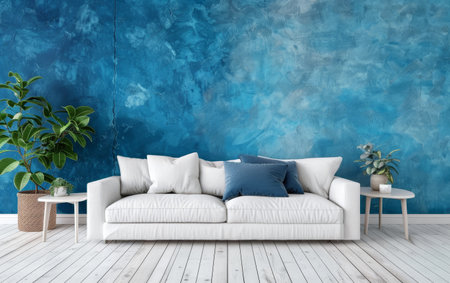 White sofa against vibrant blue textured wall with lush green plants. Serenity meets style in this spaceの素材