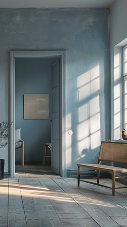 The sun casts soft shadows in a room with open doors and minimalist decor, evoking tranquilityの素材