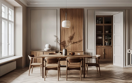 Elegant dining area with wooden accents and a harmonious blend of modern and rustic stylesの素材