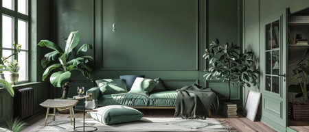 A living room oasis with lush greenery and deep green sofas. Natural light adds to the indoor garden ambianceの素材