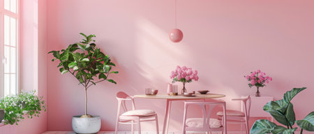 A serene pastel pink interior boasts lush greenery and a cozy dining corner. Tranquility meets styleの素材