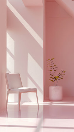 Sunlight casts geometric shadows in a room with a sleek white chairの素材