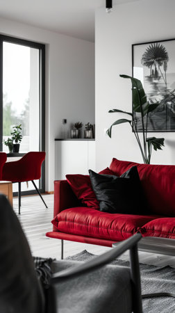 A plush red sofa stands out in a monochrome living room. Contrast and comfort in a chic settingの素材