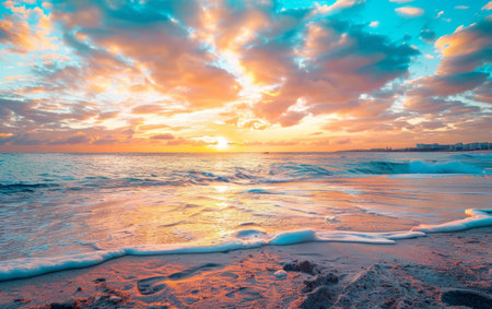 The year 2025 is etched into the sand, illuminated by the vibrant hues of a coastal sunset, symbolizing the year's hopeful closureの素材