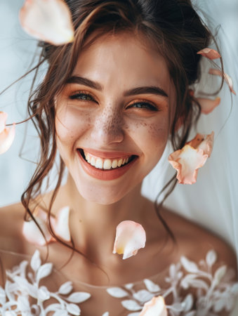 A joyful bride enveloped in soft petals exudes charm and grace, her infectious smile reflecting the pure happiness of her wedding day. The image is a symphony of love and beautyの素材