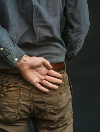 A person in a rustic setting grips their lower back in pain, emphasizing the personal struggle with back issuesの素材