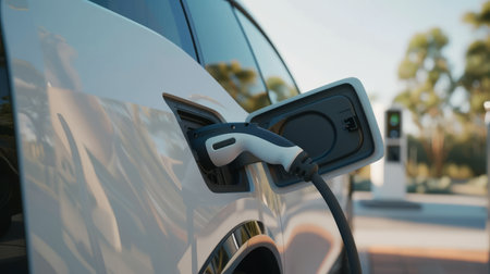 Close-up of a white electric car being charged outdoors in a residential areaの素材