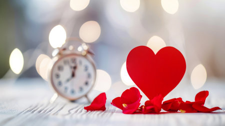 A red heart with rose petals and a blurred clock, symbolizing love and time against a bokeh light backgroundの素材
