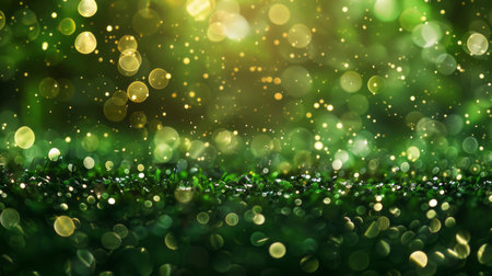 Vibrant bokeh background with sparkling golden and green lights, creating a festive atmosphereの素材