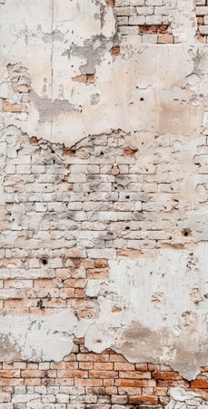 Aged brick wall showcasing a tapestry of decay and time, with peeling plaster revealing the rustic red bricks beneath. This wall's texture is a testament to its long historyの素材