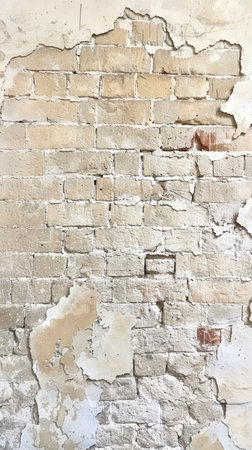 Aged brick wall showcasing a tapestry of decay and time, with peeling plaster revealing the rustic red bricks beneath. This wall's texture is a testament to its long historyの素材