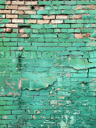 Portrait of weathered green bricks, their peeling paint narrating the story of time and exposure. The texture is a canvas of history, slowly unveiling itselfの素材