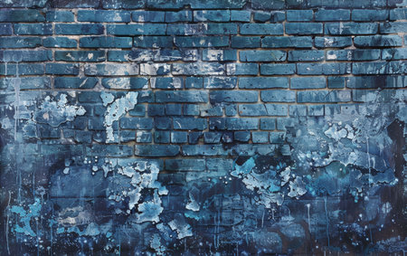 Layers of blue paint crumble on an old brick wall, each layer a chapter in the building's storied historyの素材