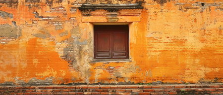 An antique window is set in a crumbling orange wall, entwined with ivy, standing as a relic of a bygone era. Its presence is a whisper from the past amidst the decayの素材