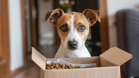 A curious Jack Russell dog looks into a box of delivered pet food indoorsの素材