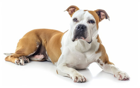 A muscular American Bulldog lies down, its gaze fixed forward with an expression of calm attentiveness. The dog's white and tan coat stands out vividly against the white backgroundの素材