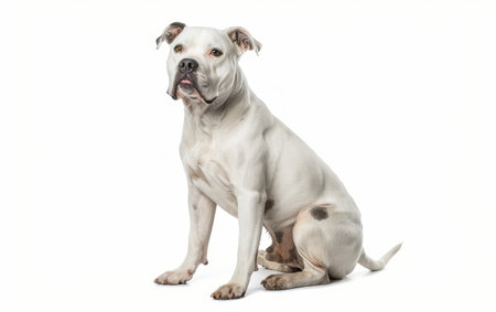 An American Bulldog sits alertly, its head turned slightly, with ears perked and eyes reflecting intelligence. The dog's white coat with distinct brown markings adds characterの素材