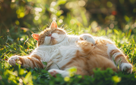 A ginger cat lies contentedly in the sunlight, stretching luxuriously among the lush green grass. Its eyes are gently closed, evoking a sense of peaceful bliss in the warmth of the sunの素材